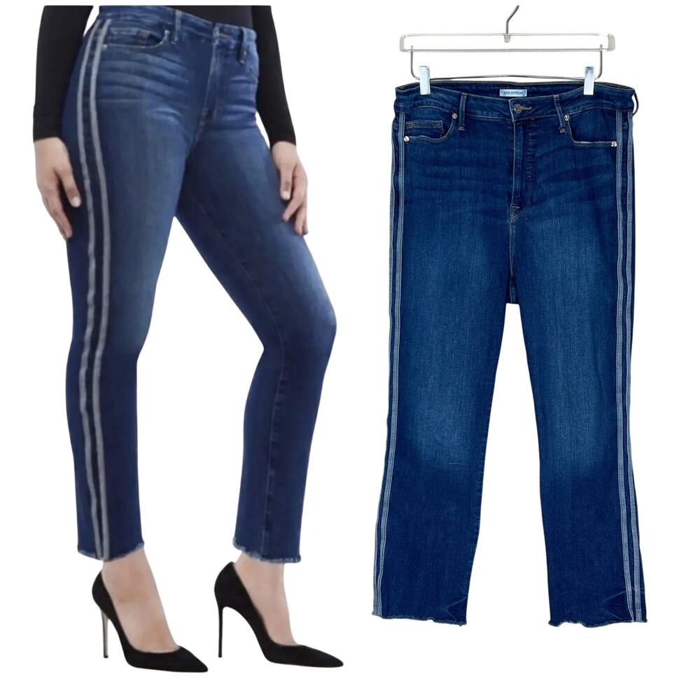 Good American | Good Straight Side Stripe High Rise Cropped Plus Size Blue Jeans